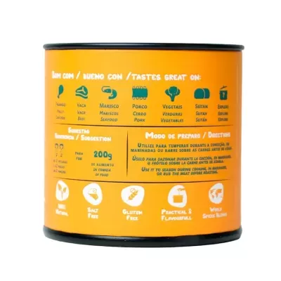 Lata de alimento com etiqueta laranja e preta com texto e ícones