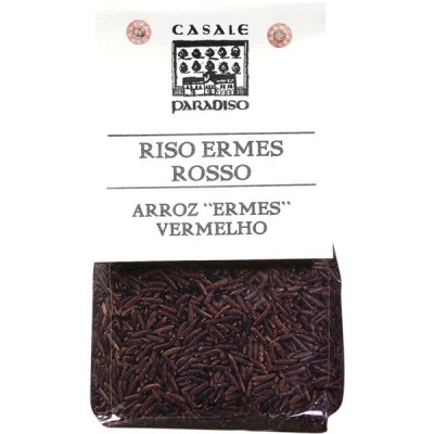 Embalagem de arroz vermelho tipo Ermes da CASALE PARADISO com rótulo branco e texto em preto