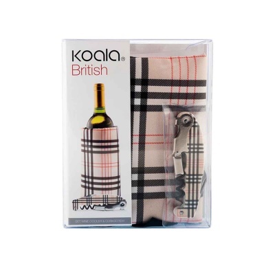 Conjunto de vinho Koala British com saco xadrez e saca-rolhas