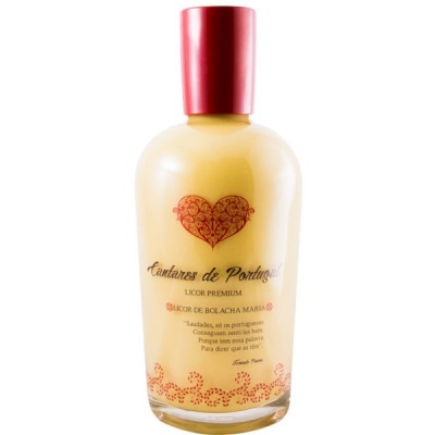 Garrafa de licor creme com tampa vermelha e rótulo com coração e texto