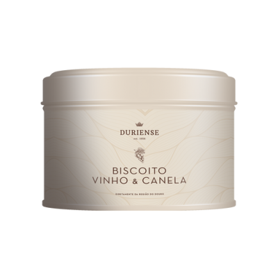 Lata bege claro de biscoitos vinho e canela da marca Duriense