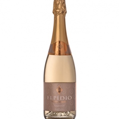 Garrafa de espumante Elpídio Vintage Reserve com rótulo castanho e tampa dourada