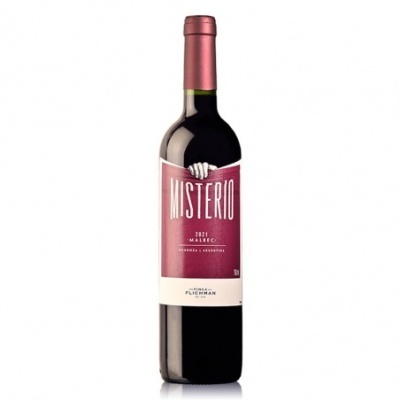 Garrafa de vinho tinto MISTERIO Malbec 2021 com rótulo cor de vinho
