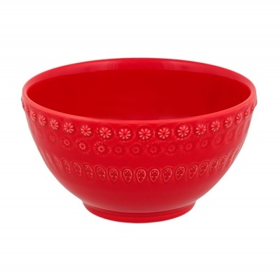Tigela vermelha de cerâmica com relevo decorativo