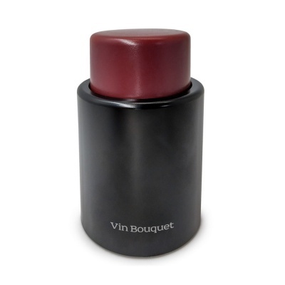 Frasco de perfume preto com tampa vermelha e texto Vin Bouquet