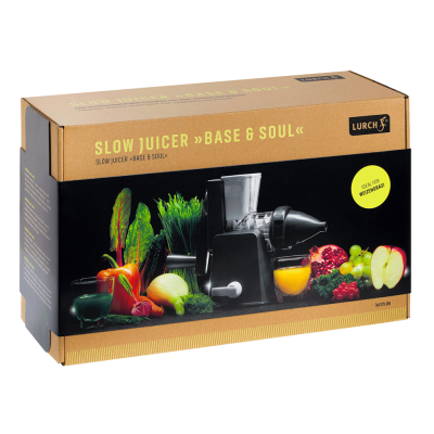 Embalagem de espremedor lento SLOW JUICER BASE & SOUL da LURCH com frutas e vegetais