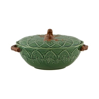 Caçarola verde em cerâmica com alças e tampa decorativa