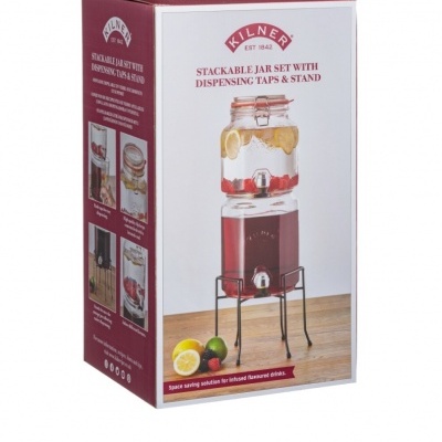 Conjunto de frascos empilháveis Kilner com torneiras e suporte numa caixa