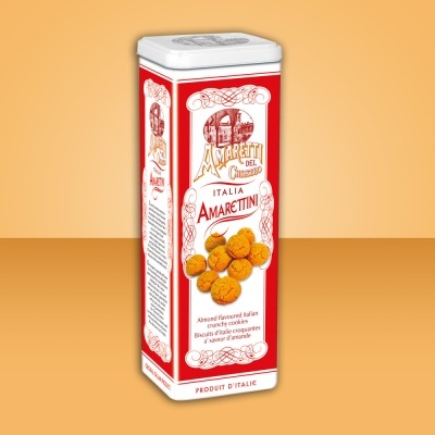 Lata metálica de bolachas Amaretti Del Chiostro Italia com design vermelho e branco