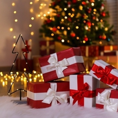 Caixas de presentes vermelhas e brancas com fitas, árvore de Natal iluminada ao fundo