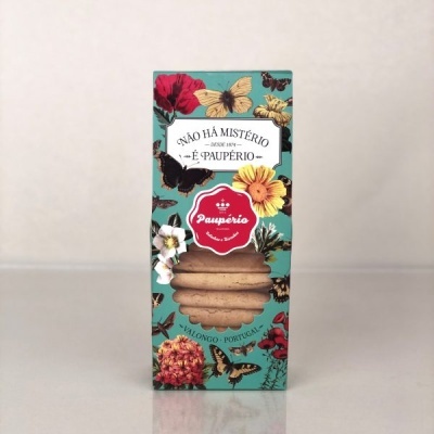 Caixa de bolachas florais verdes-água com texto em português e três bolachas visíveis