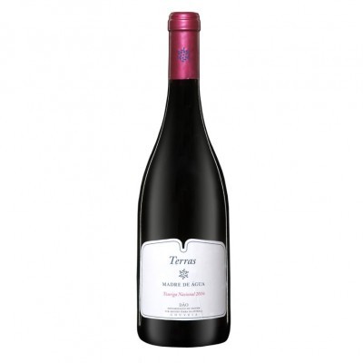 Garrafa de vinho tinto com rótulo branco e tampa rosa metálica