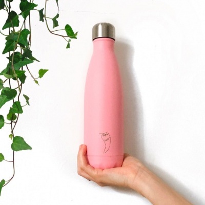 Garrafa térmica rosa com tampa metálica prateada com desenho de pimento, segurada por uma mão e planta ao lado.