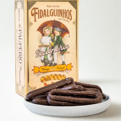 Caixa de bolachas Fidalguinhos com chocolate e bolachas cobertas de chocolate num prato branco