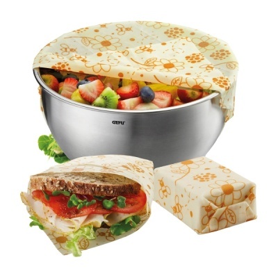 Conjunto de capas reutilizáveis amarelas com padrão floral para alimentos