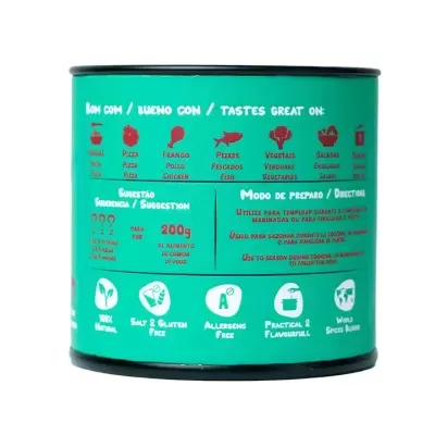 Lata verde com texto em inglês e espanhol sobre consumo e preparo, com ícones de características do produto.