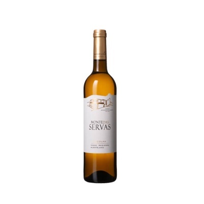 Garrafa de vinho Montedas Servas branco com rótulo branco e tampa dourada
