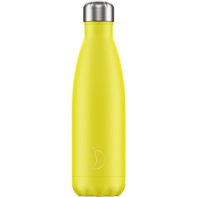 Garrafa térmica amarela com tampa prata e desenho de pimenta branco