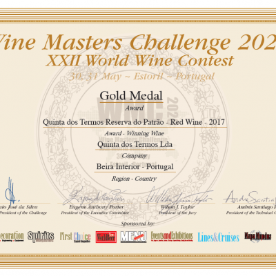 Certificado Wine Masters Challenge 2020 com medalha de ouro para vinho Quinta dos Termos Reserva do Patrão 2017