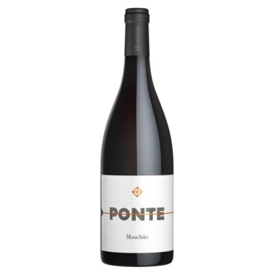 Garrafa de vinho tinto com rótulo branco e texto PONTE e Mouchão