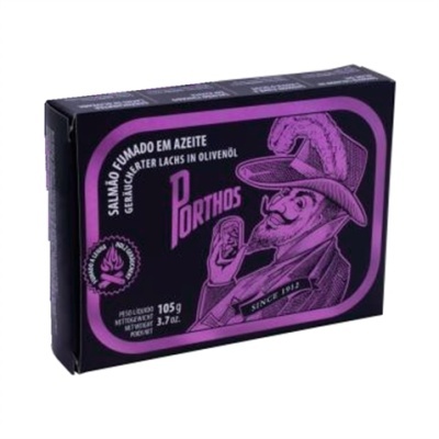 Embalagem preta e roxa de salmão fumado em azeite Porthos