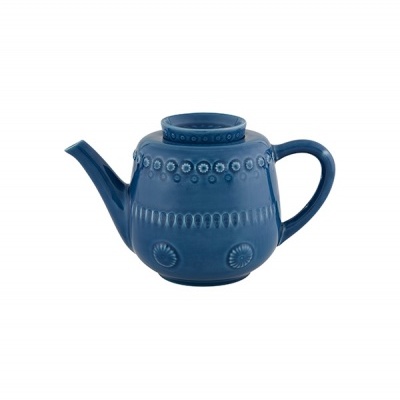 Chaleira de cerâmica azul com padrão em relevo circular