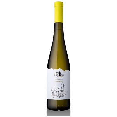 Garrafa de vinho branco Vale d'ajuda com rótulo branco e tampa amarela