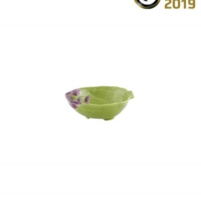 Tigela cerâmica verde com padrão de folhas e detalhes roxos, prémio German Design Award 2019.
