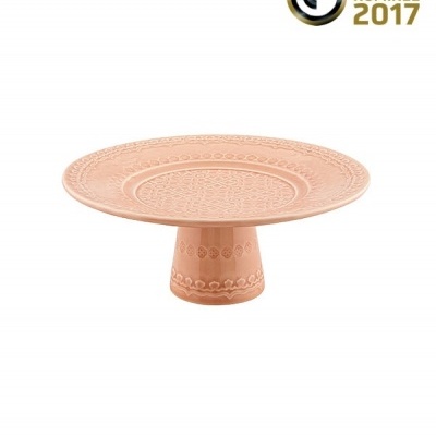 Prato para bolo de cerâmica terracota com padrão decorativo