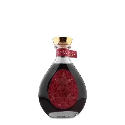 Garrafa de ginja em vidro com rótulo e tampa dourada