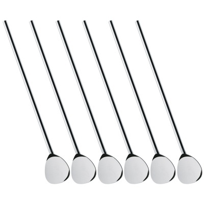 Seis colheres de metal com cabos longos e cabeça oval