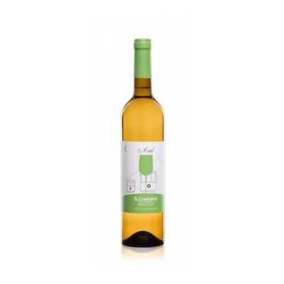 Garrafa de vinho branco com rótulo branco e verde e tampa verde