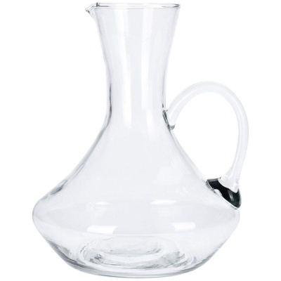 Jarro de vidro transparente com base larga, bico e cabo curvo
