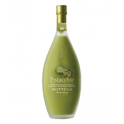Garrafa de licor verde claro Pistacchio com rótulo e tampa dourada