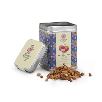 Lata de chá Maçã e Alcachofra com padrão azul e bege e tampa ao lado
