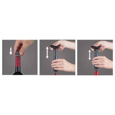 Saca-rolhas preto a ser usado numa garrafa de vinho com rolha vermelha