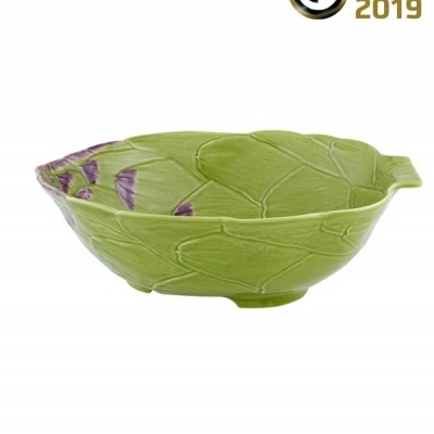 Taça decorativa verde em forma de folha com detalhes roxos