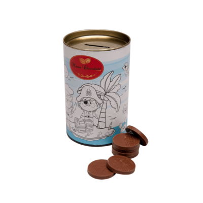 Recipiente cilíndrico com moedas de chocolate e ilustração de pirata