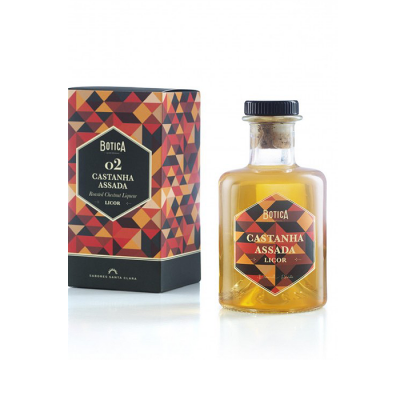 Garrafa de licor Botica Castanha Assada com caixa geométrica colorida