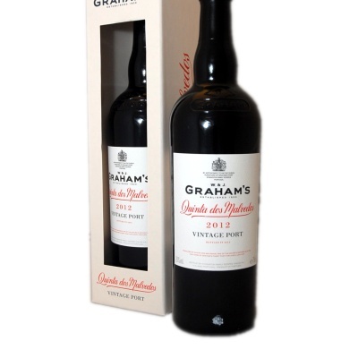 Garrafa de vinho do Porto Graham's Quinta dos Malvedos 2012 com embalagem creme e janela transparente