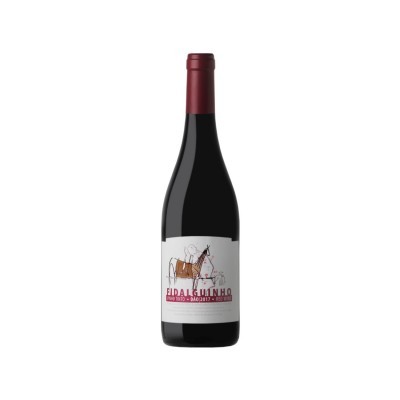 Garrafa de vinho tinto com rótulo branco e desenho de burro