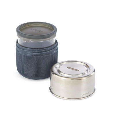 Termo metálico com tampa removível e capa de tecido azul escuro