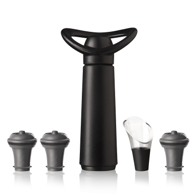 Conjunto utensílios vinho preto com bomba, vedantes, bico e tampa