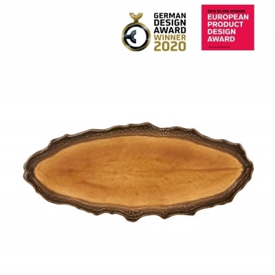 Prato decorativo de madeira natural com textura rústica e prémios de design