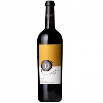 Garrafa de vinho tinto Douro com rótulo amarelo e branco