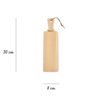 Tábua de corte de madeira clara com alça e cordão