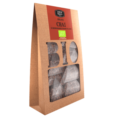 Pacote de chá orgânico Chai da LEBKUCH IRELAND em saco de papel castanho com janela transparente e etiquetas coloridas.