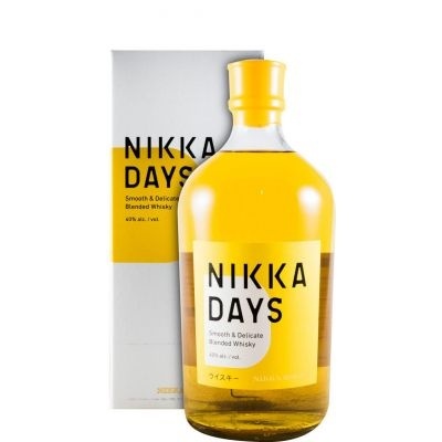 Garrafa e caixa de whisky Nikka Days com design amarelo e branco.