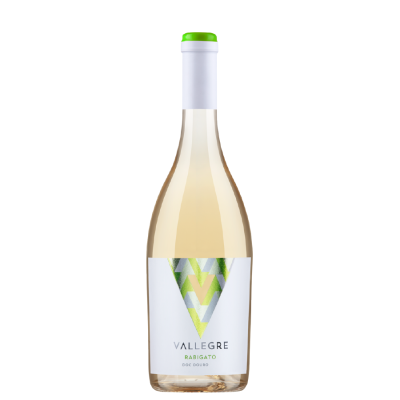 Garrafa de vinho branco Vallegre Rabigato com rótulo geométrico colorido e tampa branca e verde