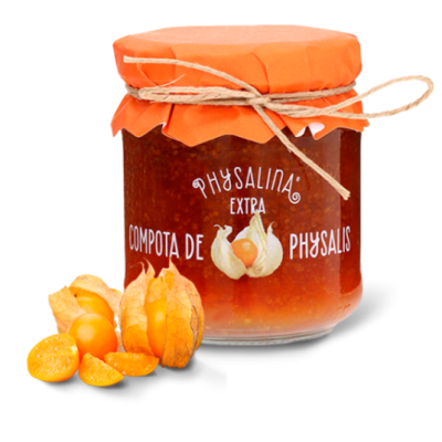 Frasco de compota de physalis com tampa laranja e frutos physalis ao lado